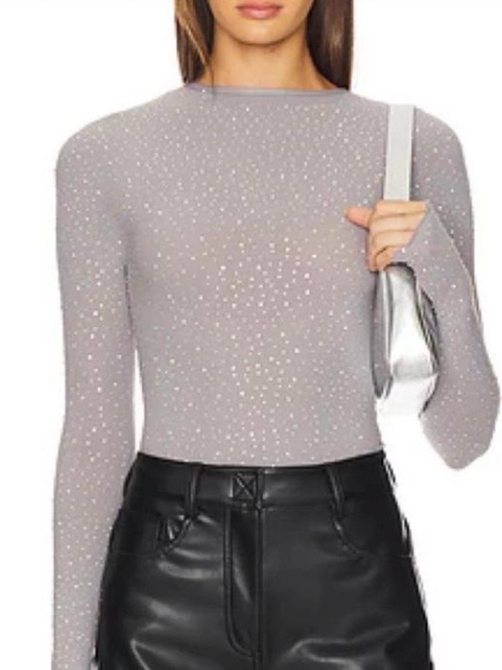 Free People night sky silver Long-Sleeve Embellished Crew Top